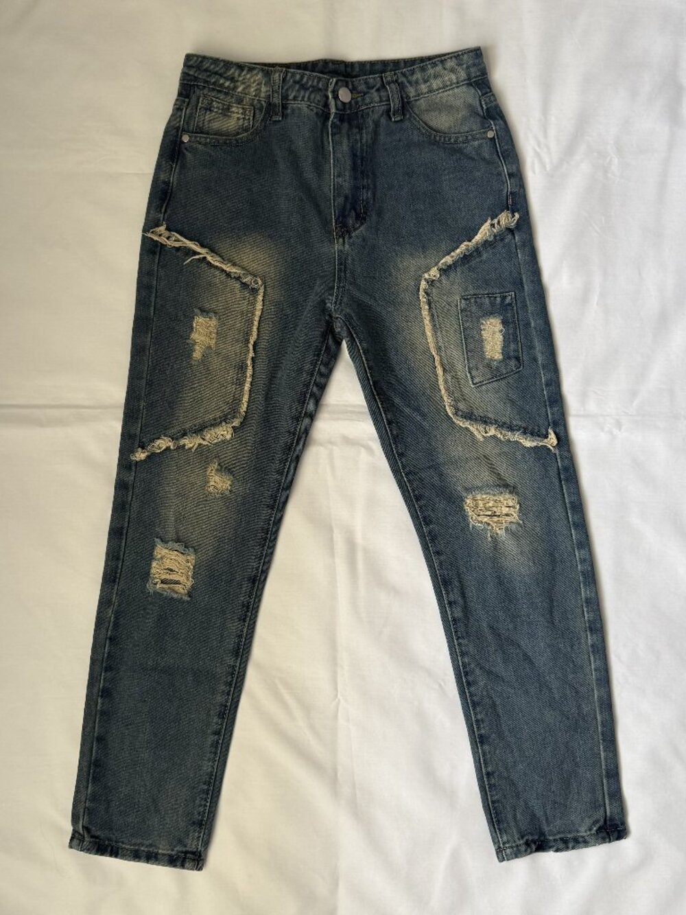 Distressed Frayed Patchwork Straight Leg Boys Denim Jeans Size 26